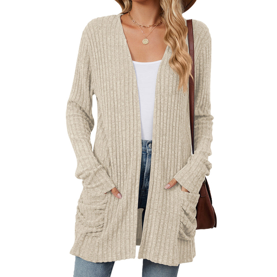 Solid Color Pocket Long-Sleeve Knitted Cardigan