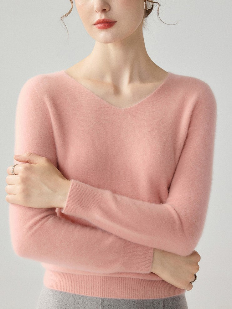 Women's Boutique Fuzzy V-Neck Long Sleeve Pullover Sweater