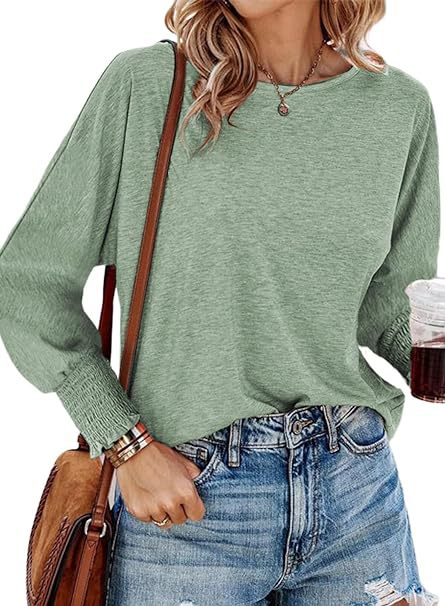 Women's Boutique Long Sleeve Crew Neck Smocked Cuff Top