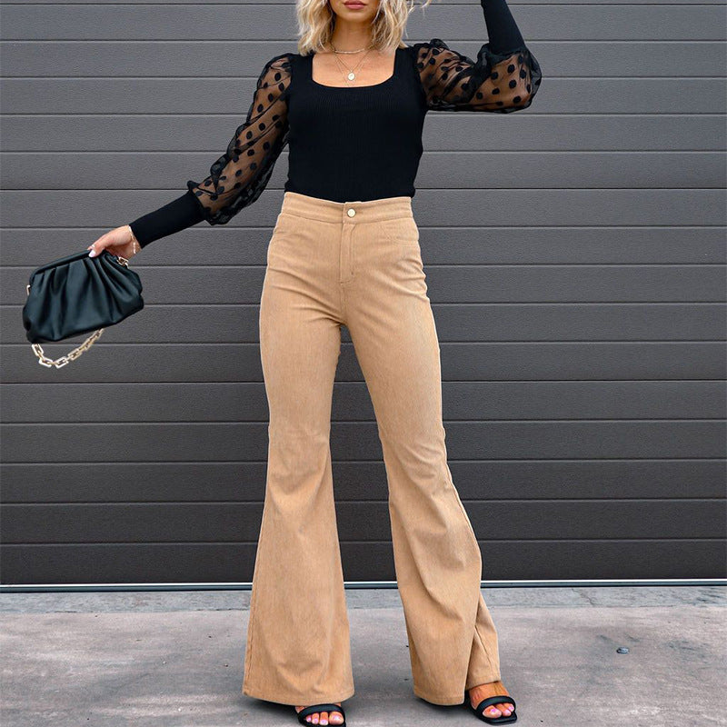 Solid Color Slim Mid-Waist Corduroy Flare Pants