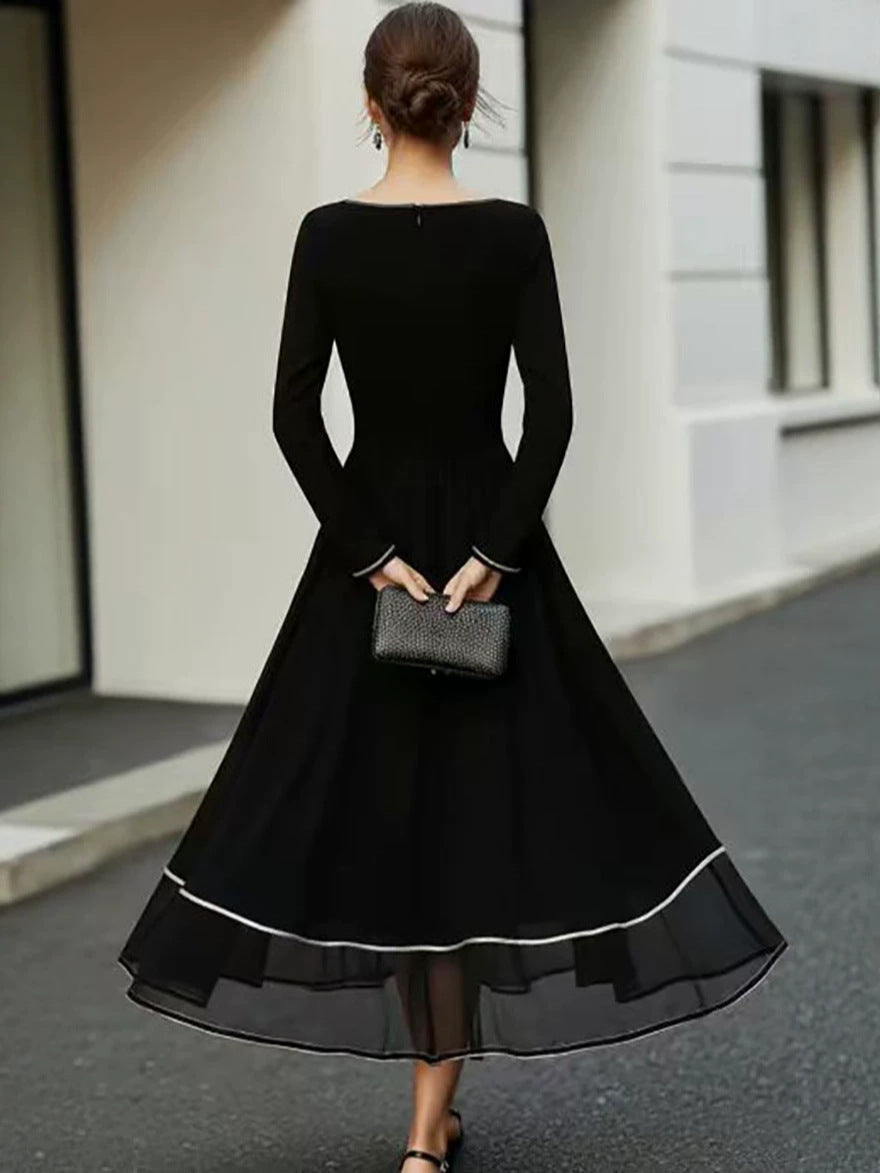 Contrast Trim Sheer Hem Long Sleeve Fit and Flare Midi Dress