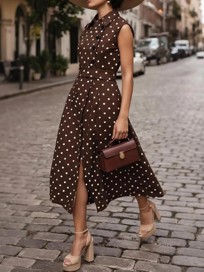 Polka Dot Sleeveless Shirt Dress with Flared Midi Silhouette