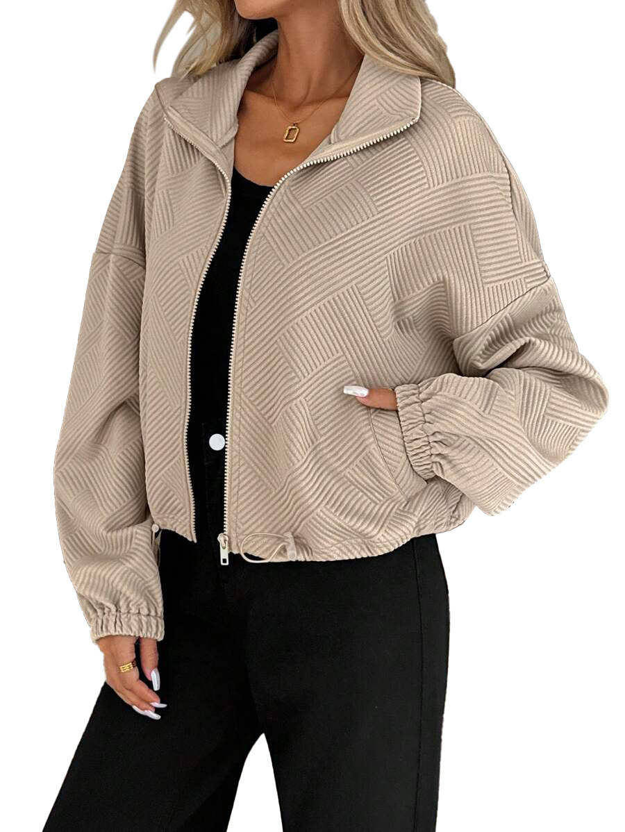 Minimalist Textured Zip Front Drawstring Hem Everyday Jacket