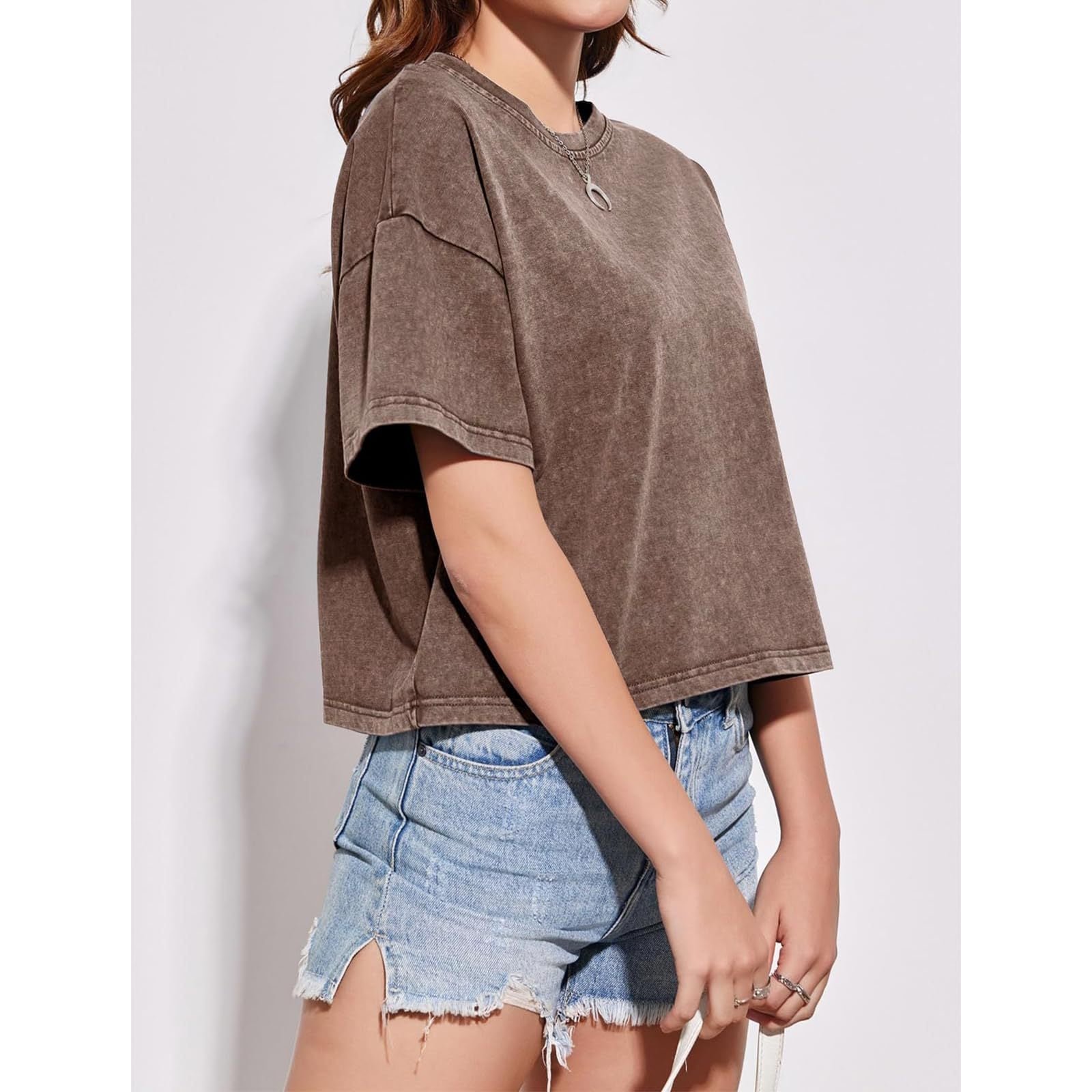 Women's Washed Cotton Crop T-Shirt, Relaxed Fit Crewneck Tee