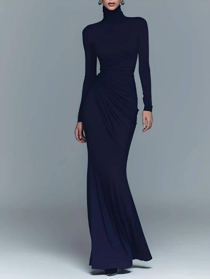 Ruched Turtleneck Long Sleeve Slim Fit Maxi Dress for Ladies