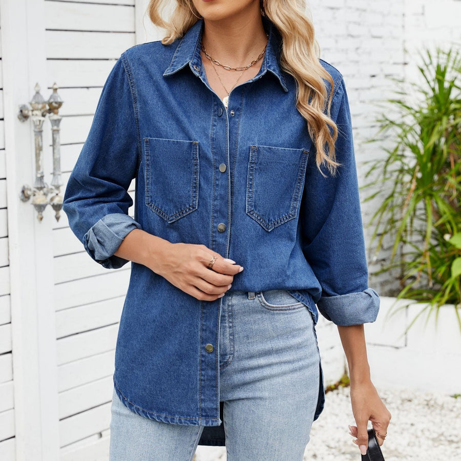 Loose Long Sleeve Denim Jacket with Button Detail