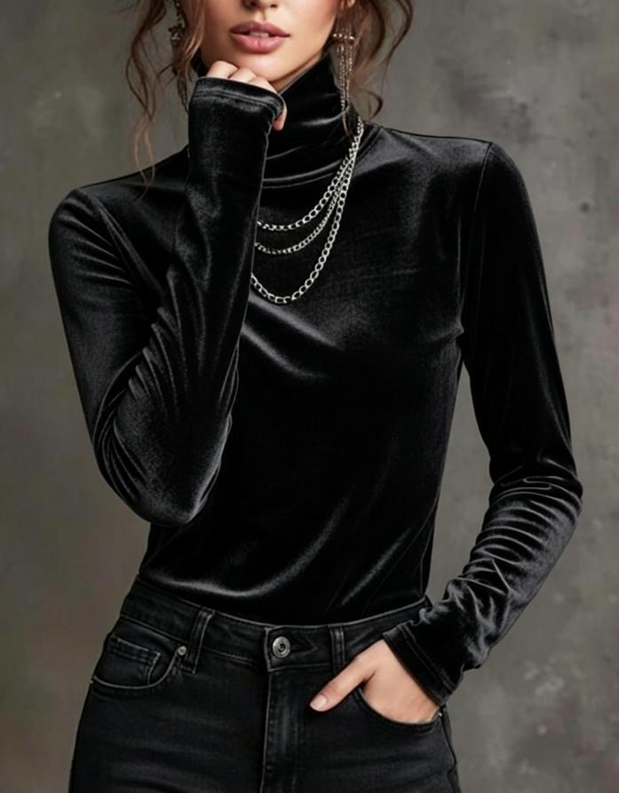 Velvet Turtleneck Long Sleeve Fitted Layering Top for Ladies