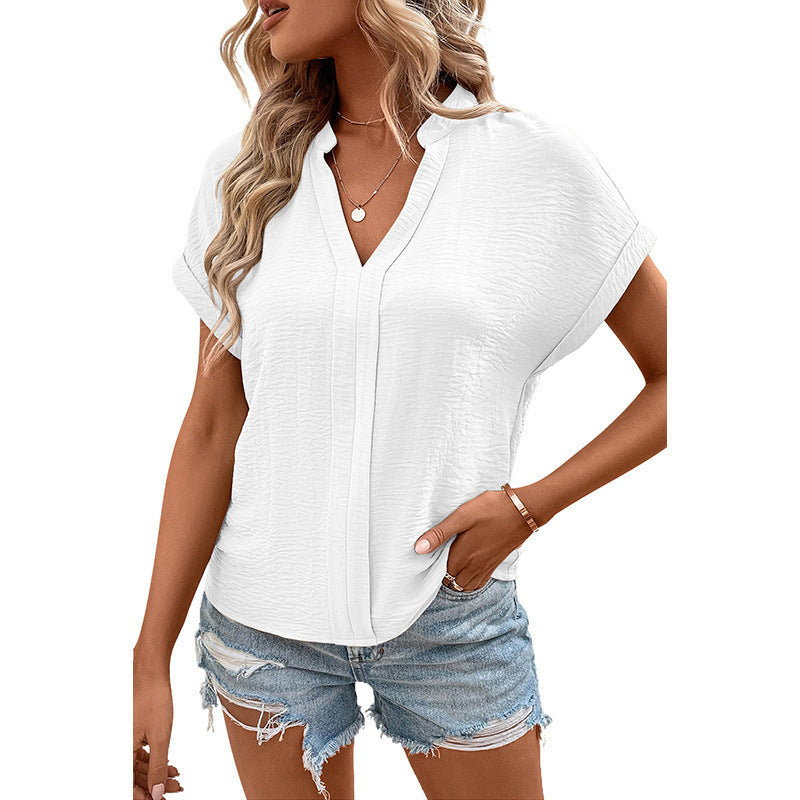 Solid Color V-Neck Pleated Short-Sleeve T-Shirt