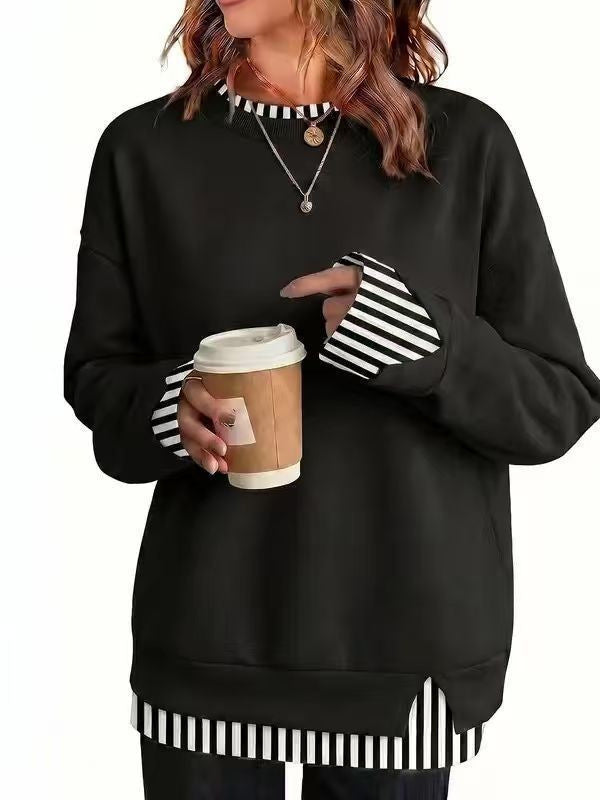 Striped Trim Layered Look Sweatshirt with Relaxed Silhouette