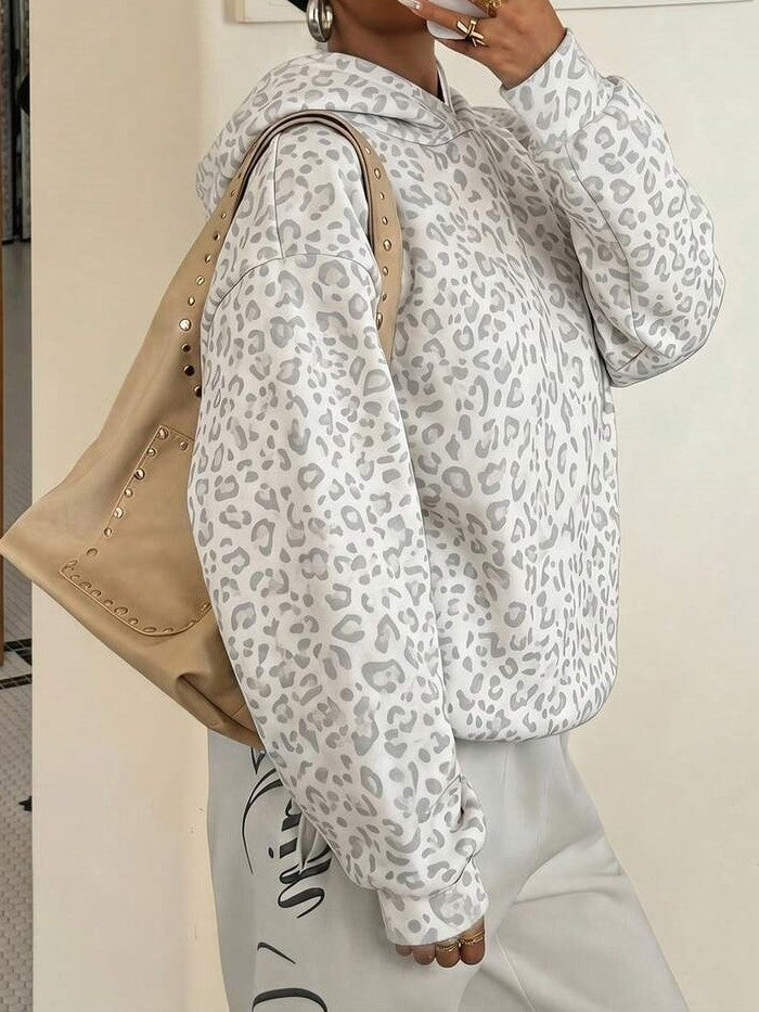 Elevated Leopard Print Relaxed Long Sleeve Pullover Hoodie