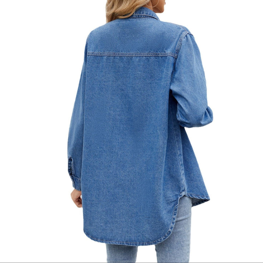 Loose Long Sleeve Denim Jacket with Button Detail