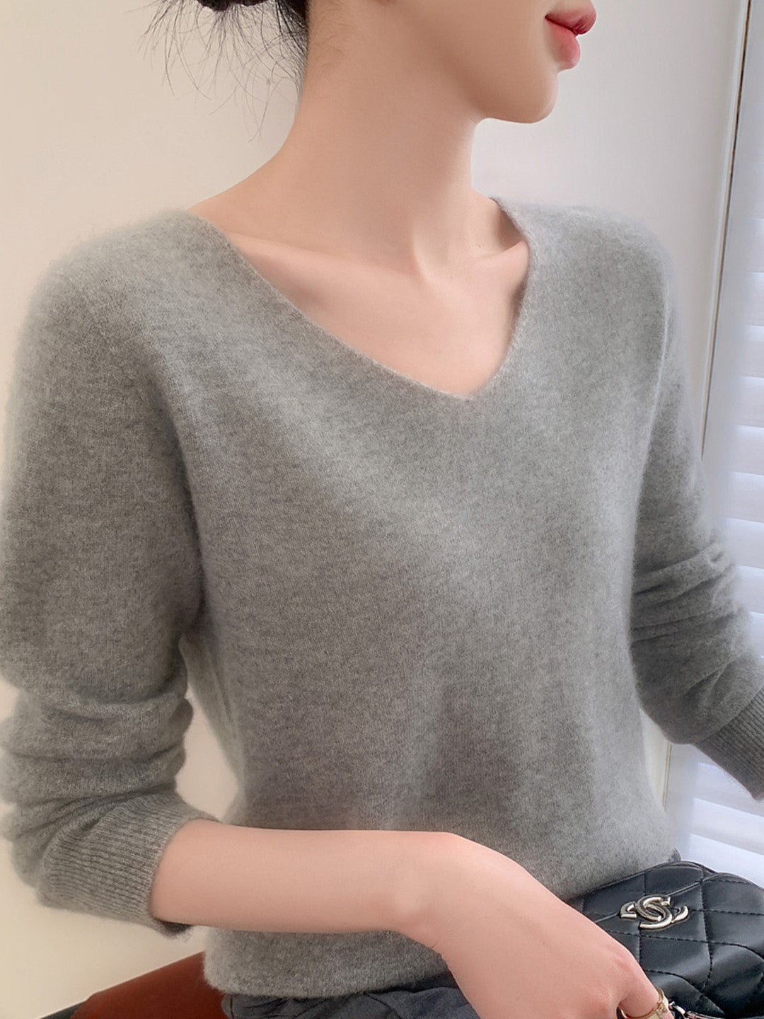 Women's Boutique Fuzzy V-Neck Long Sleeve Pullover Sweater