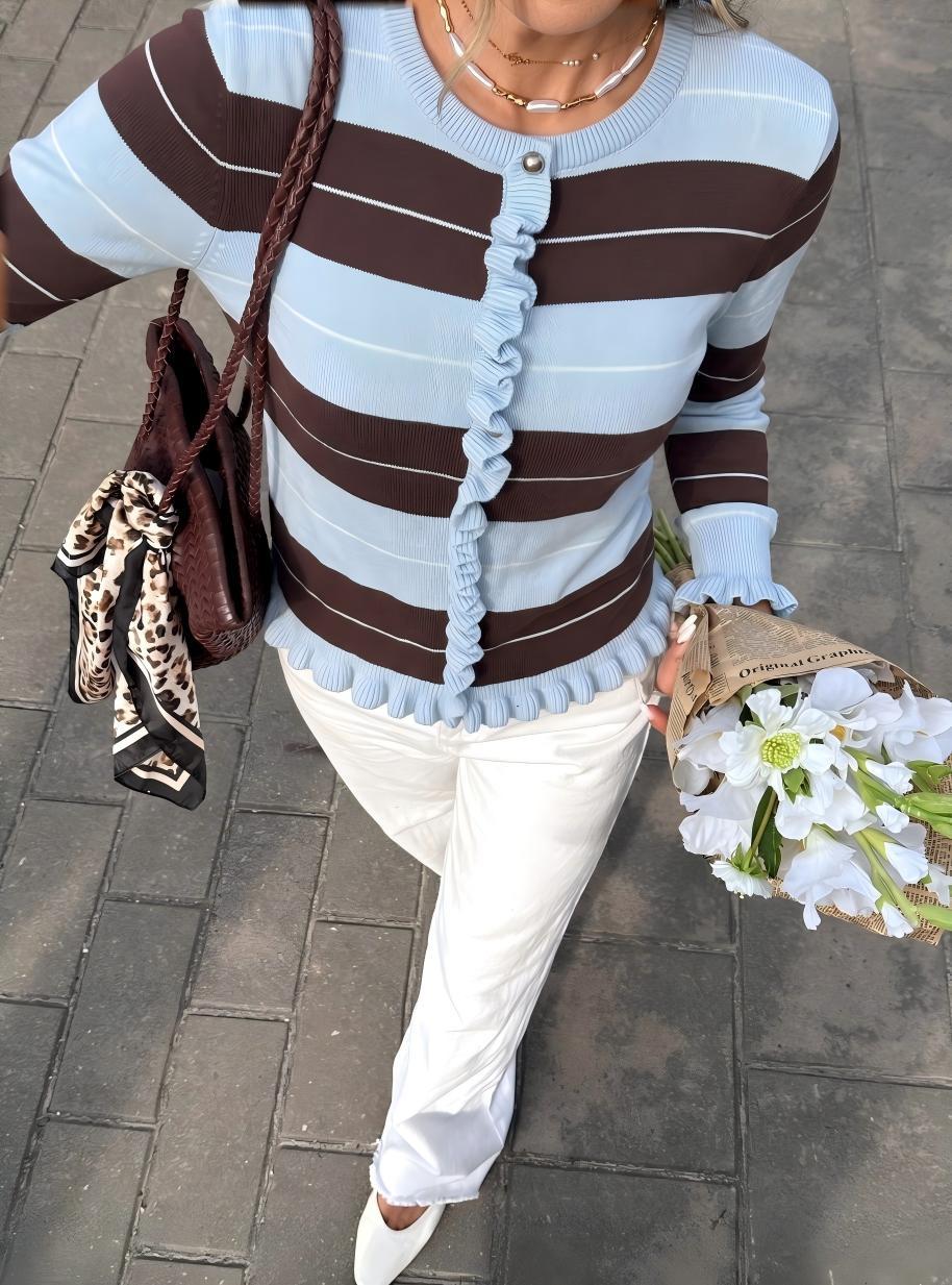 Boutique Striped Ruffle Trim Knit Cardigan
