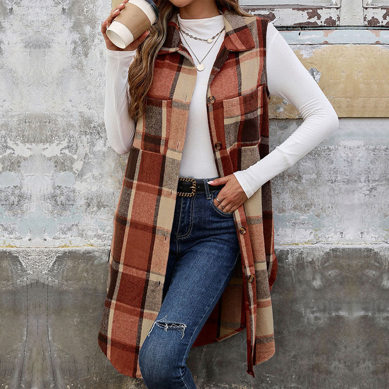 Women’s Vintage Plaid Lapel Long Vest