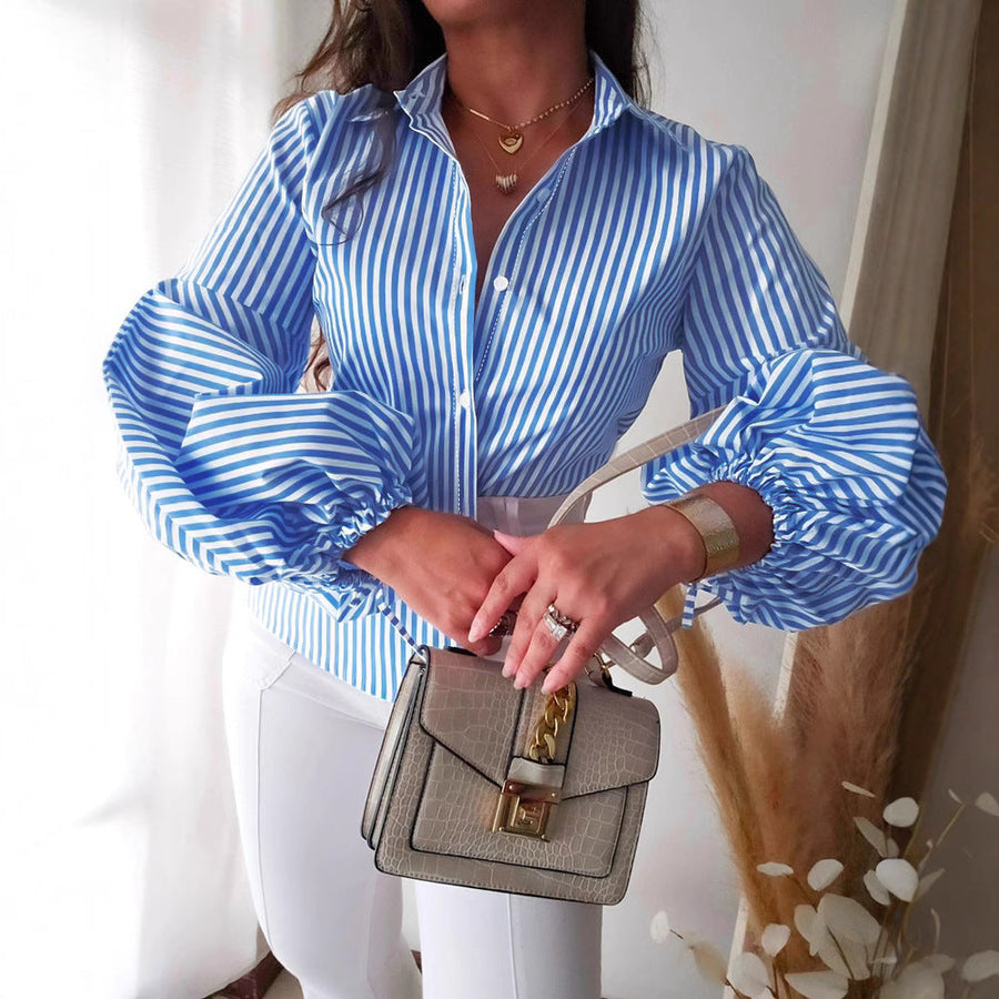 Light Blue Striped Lantern Sleeve Slim Shirt