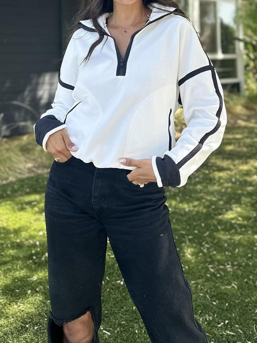 Contrast Trim Half Zip Fleece Pullover with Casual Ivory Fit
