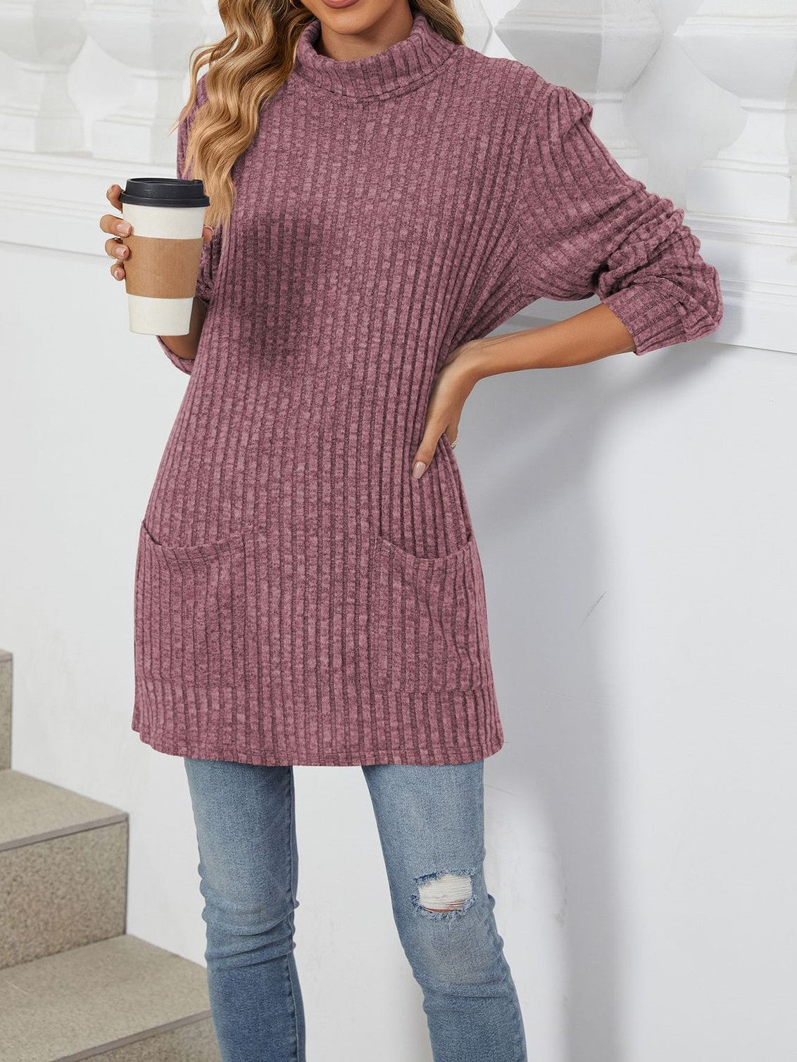 Minimalist Ribbed Mock Neck Pocket Tunic