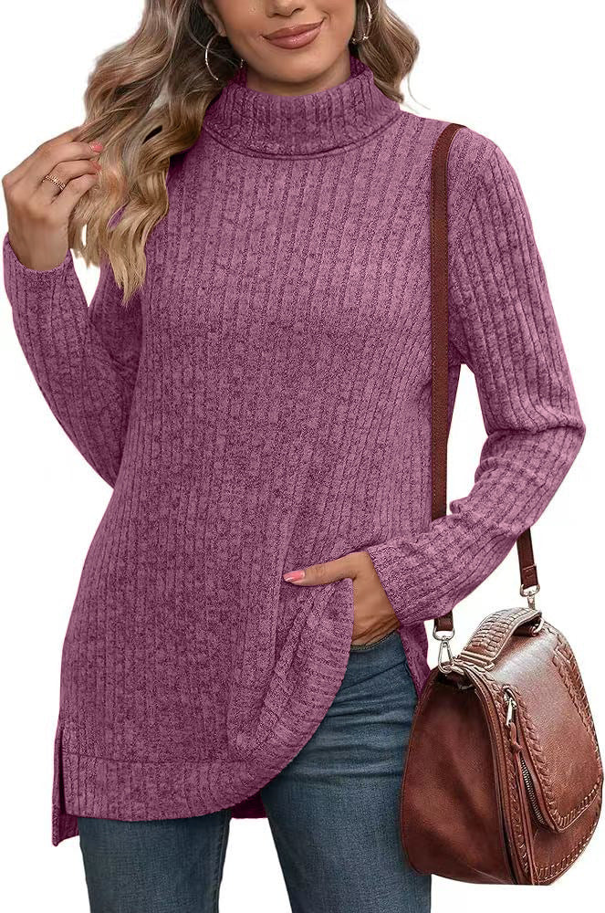 Women's Ribbed Collared V-Neck Long Sleeve Sweater