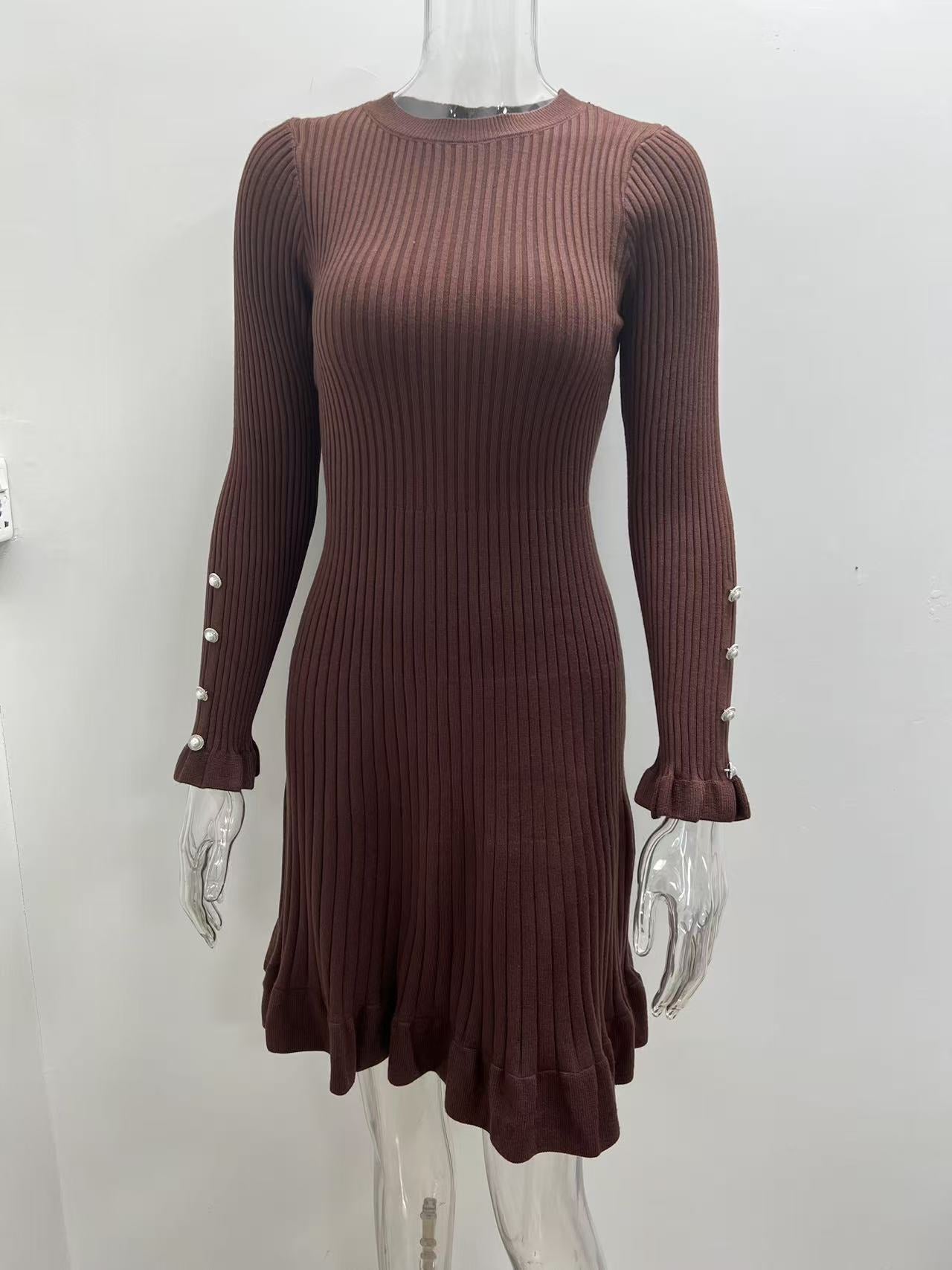 Elegant Ribbed Ruffle Hem Midi Sweater Dress