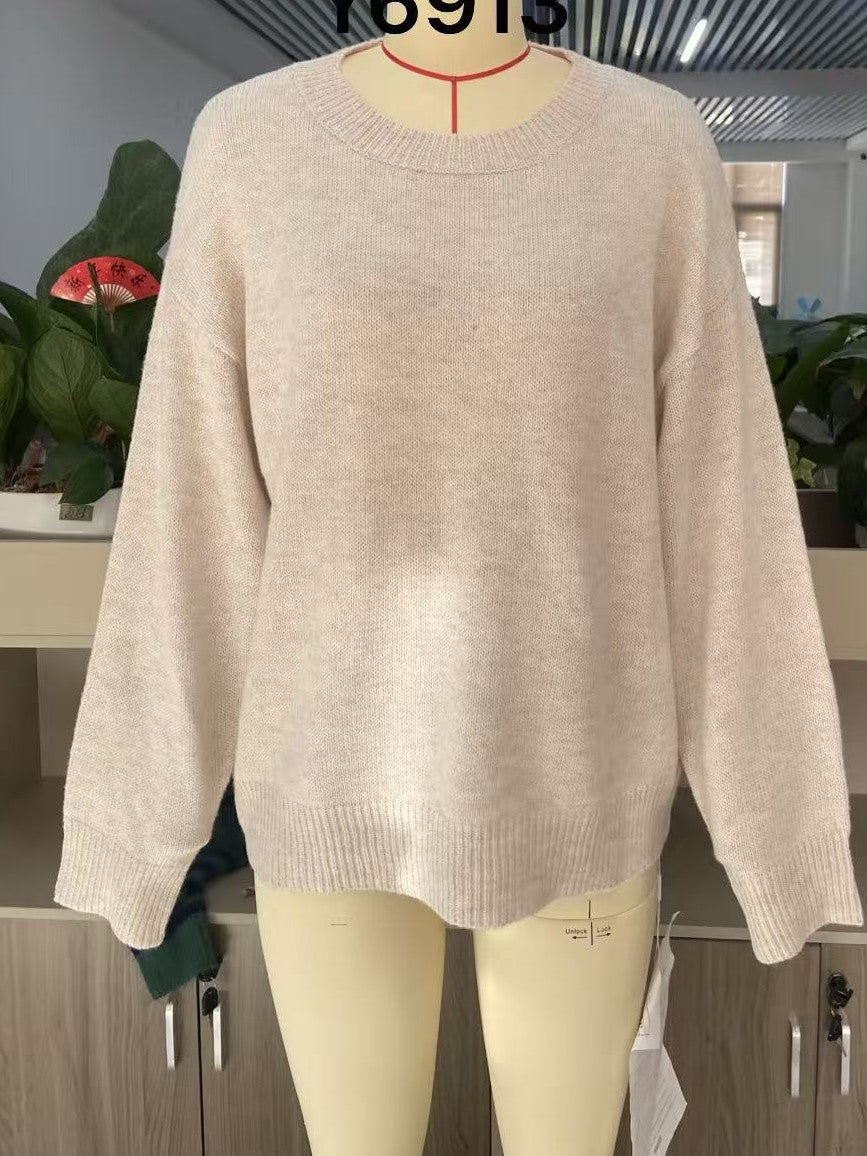 Minimalist Beige Crewneck Sweater Loose Long Sleeve Knit Top