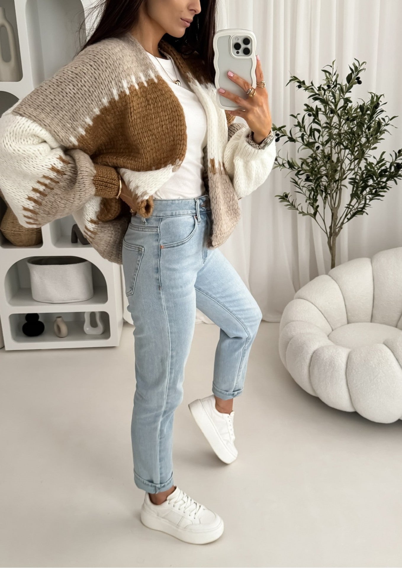 Boutique Neutral Color Block Open Front Cardigan