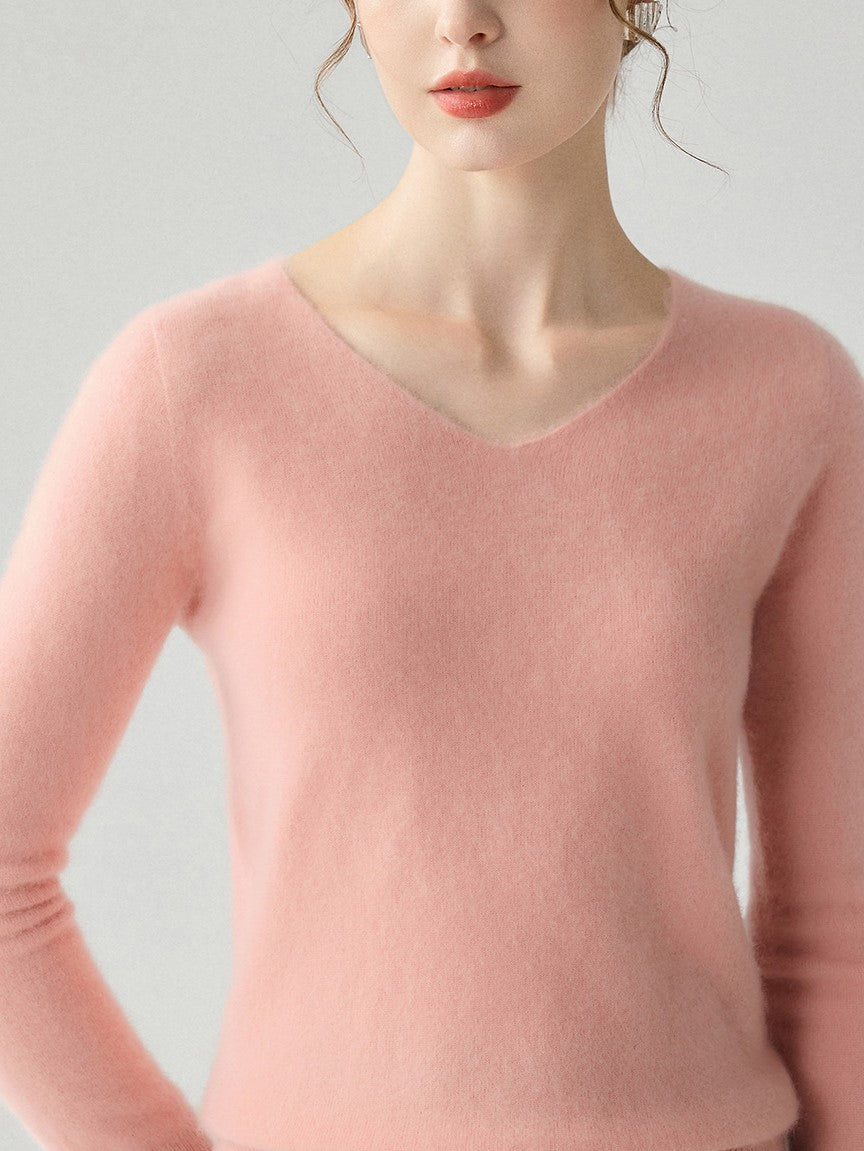 Women's Boutique Fuzzy V-Neck Long Sleeve Pullover Sweater