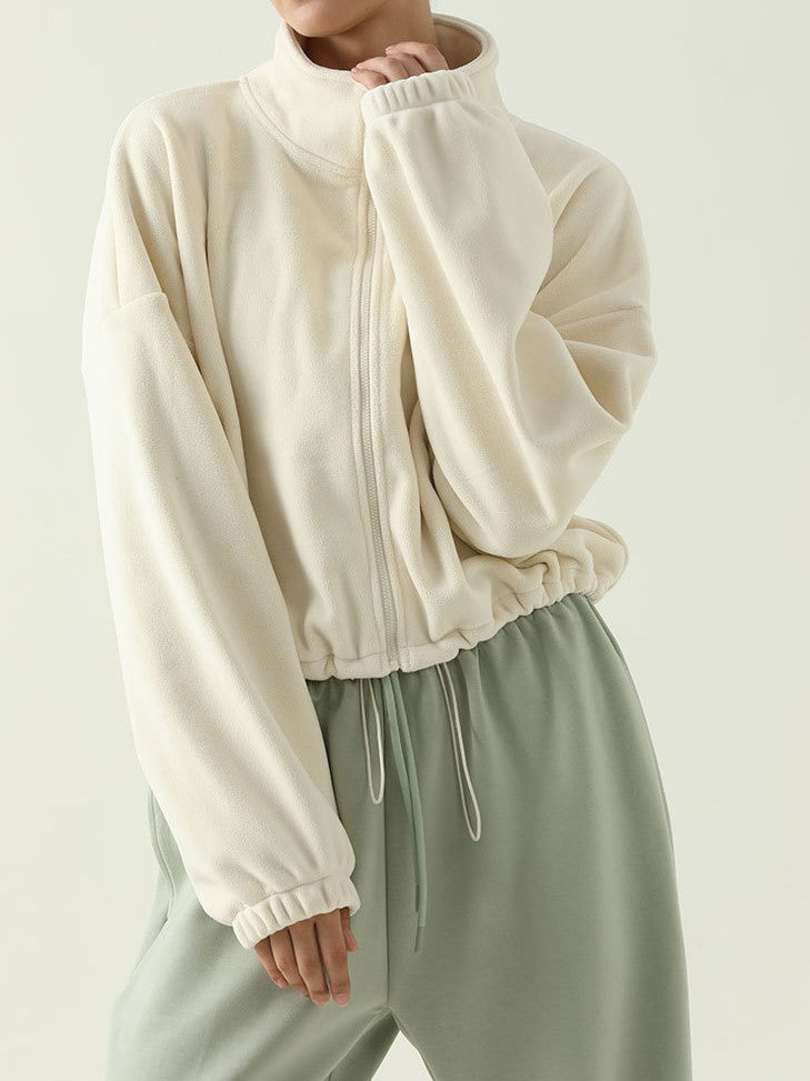Modern Cropped Zip Front Jacket with Relaxed Balloon Sleeves