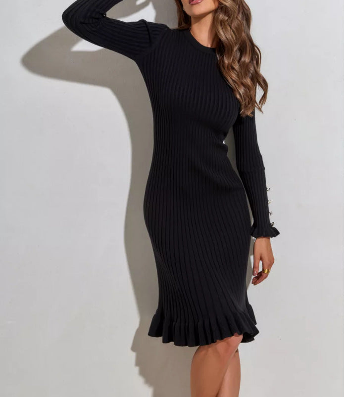 Elegant Ribbed Ruffle Hem Midi Sweater Dress