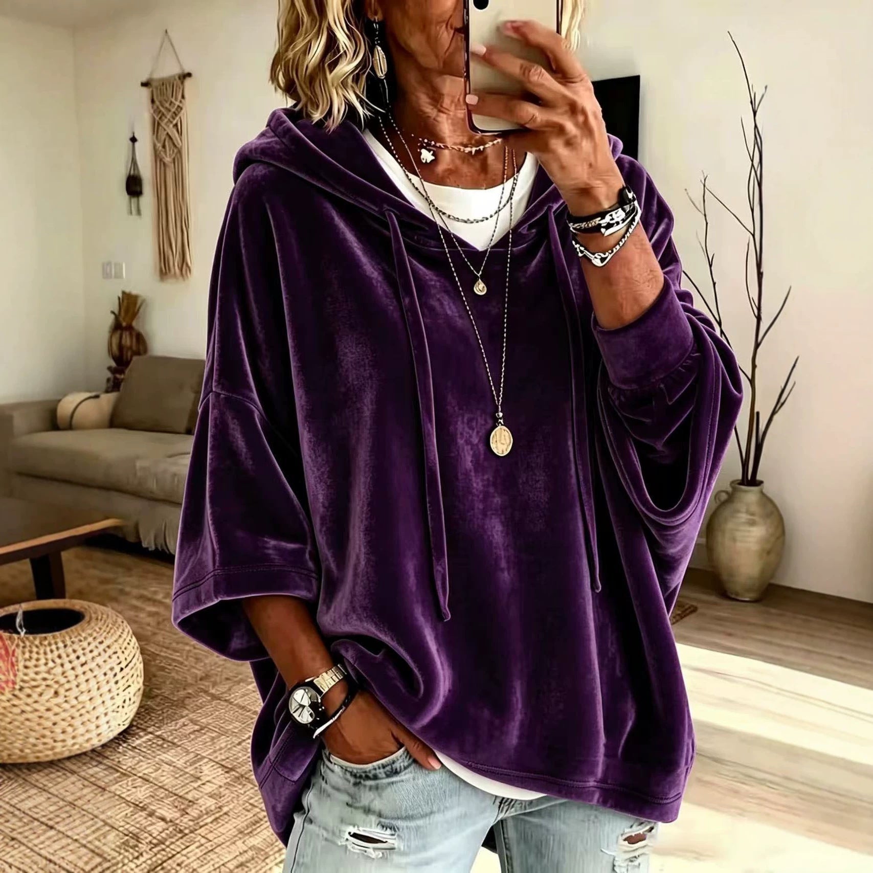 Women’s Velvet Oversized Batwing Sleeve Hoodie