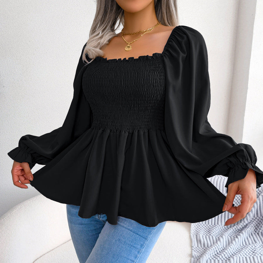 Square Neck Long Sleeve Chiffon Blouse for Women