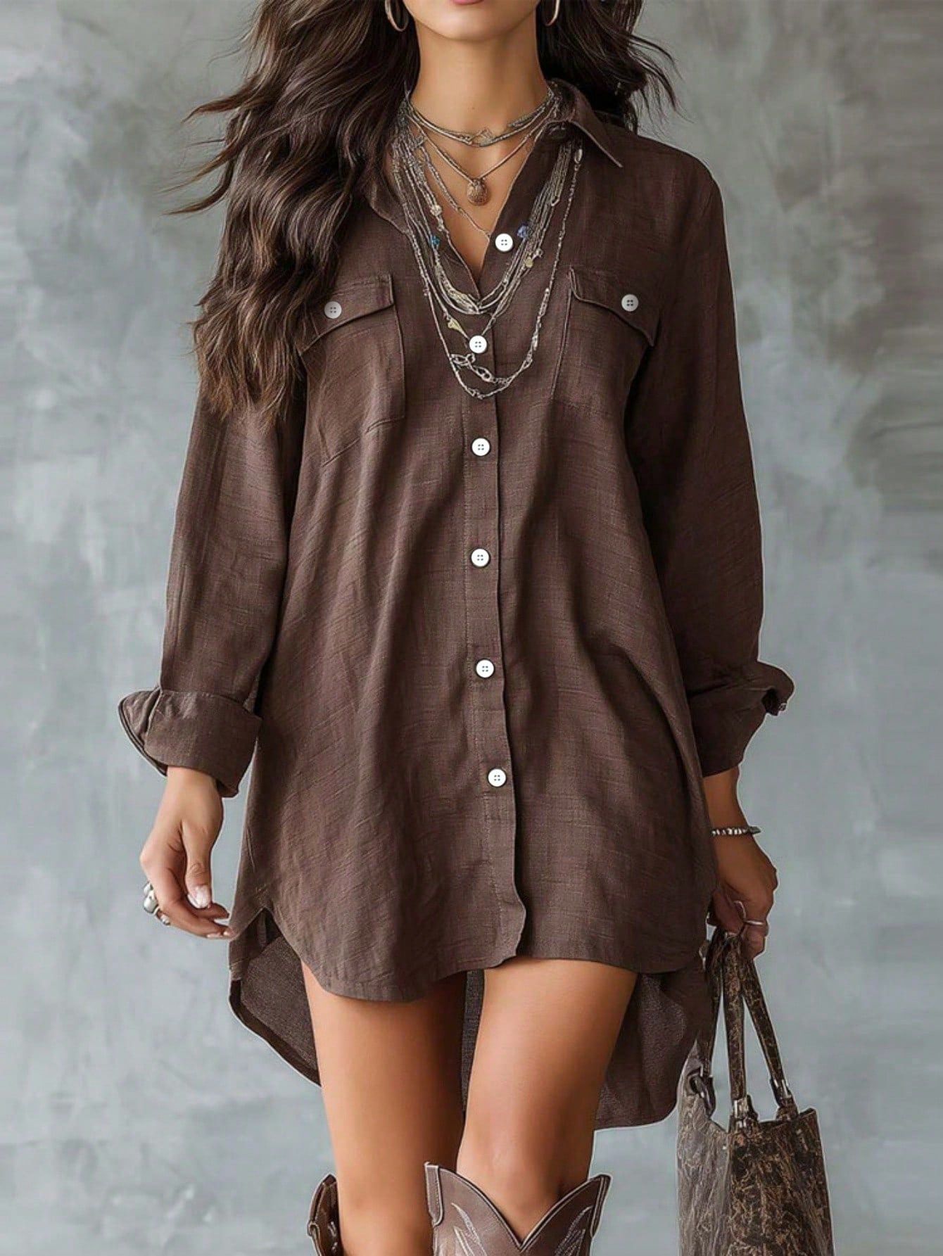 Button Front Collared High Low Shirt Dress with Dual Pockets