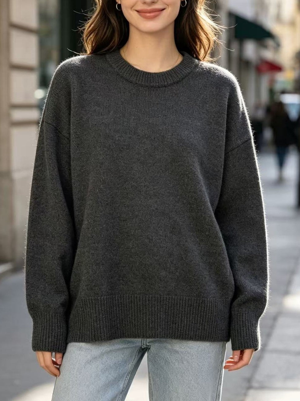 Women's Crew Neck Drop Shoulder Long Sleeve Pullover Sweater