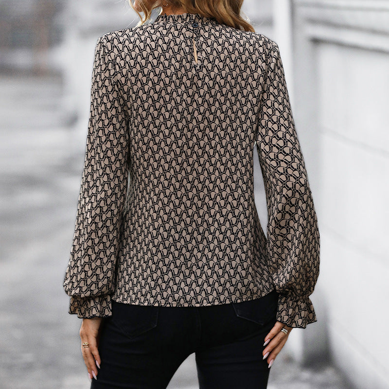 Lace-Up Long Sleeve Slim Leopard Print Shirt