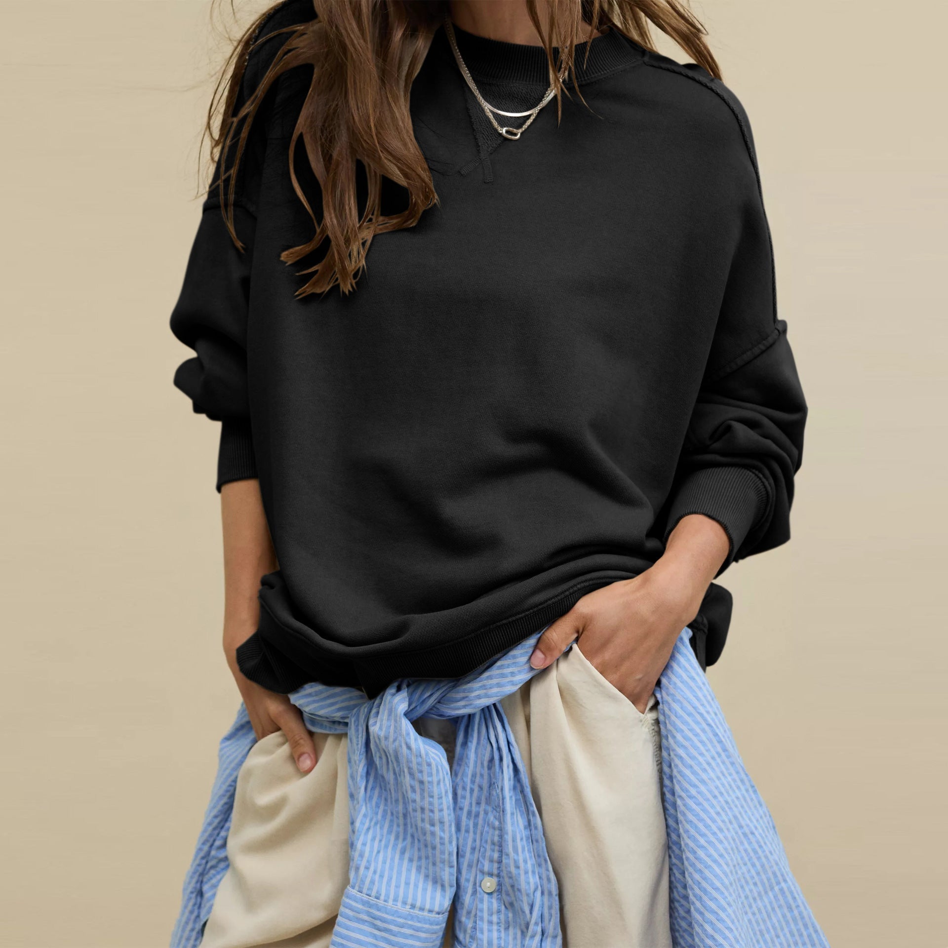Women’s Oversized Crew Neck Sweatshirt – Exposed Seam Long Sleeve Pullover Tops for Women