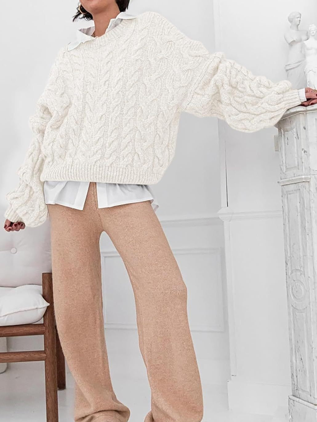 Boutique Cable Knit Crew Neck Sweater