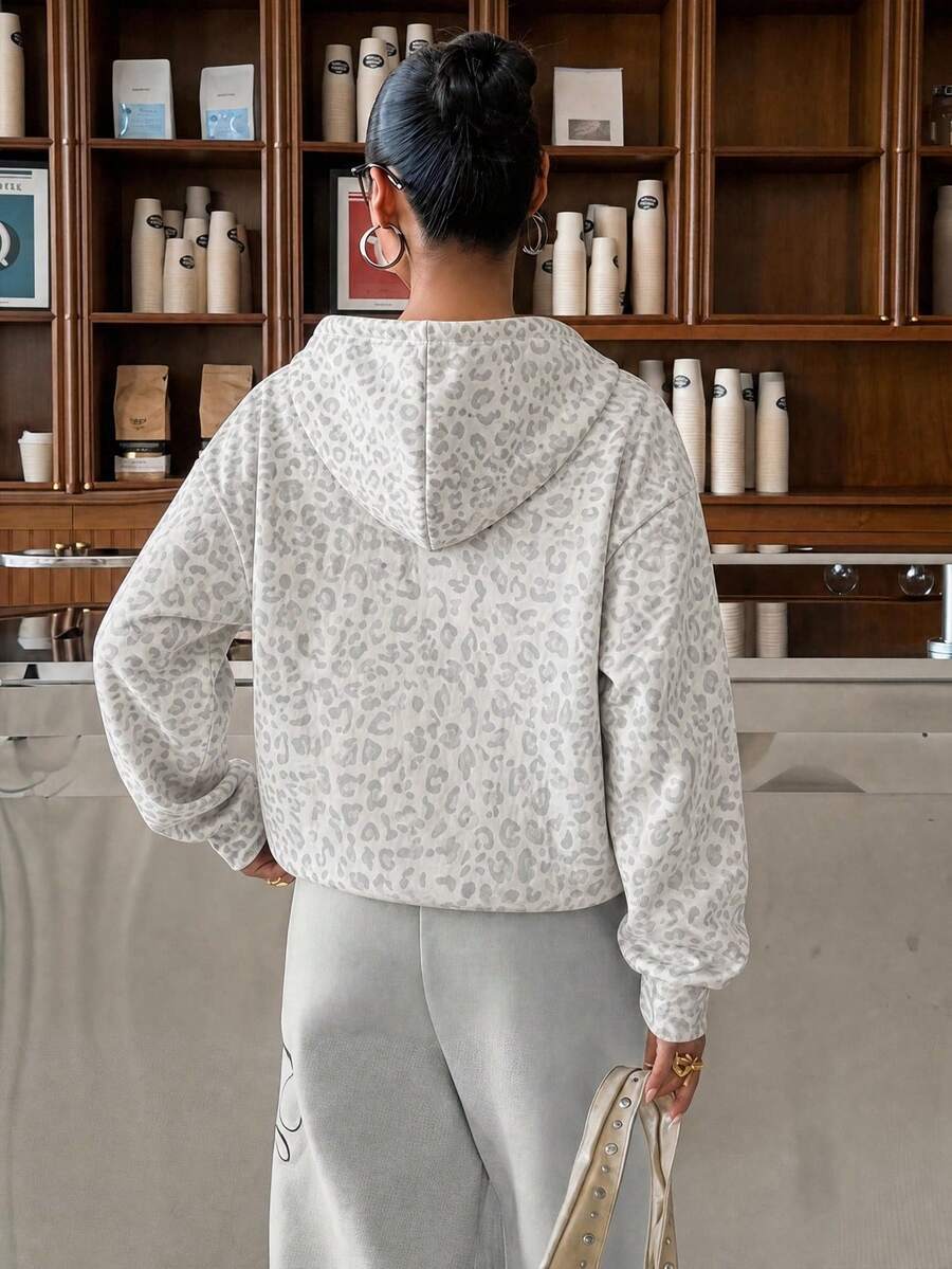 Elevated Leopard Print Relaxed Long Sleeve Pullover Hoodie