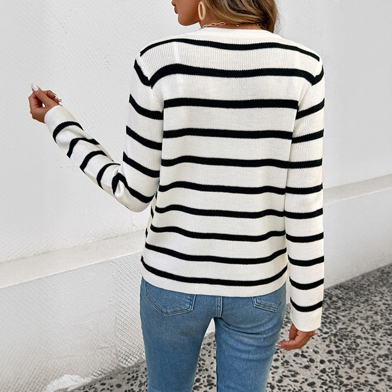 Striped Contrast Color Long Sleeve Knitted Cardigan