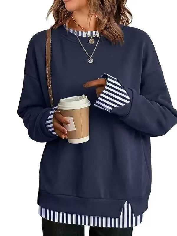 Striped Trim Layered Look Sweatshirt with Relaxed Silhouette