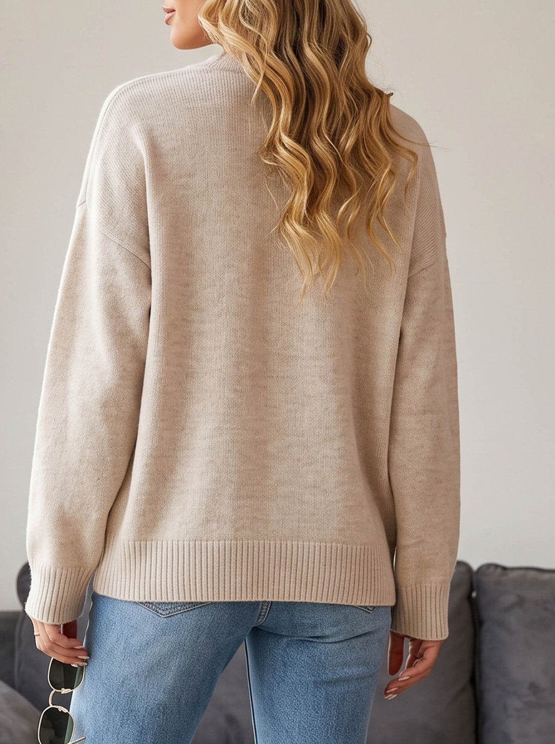 Minimalist Beige Crewneck Sweater Loose Long Sleeve Knit Top