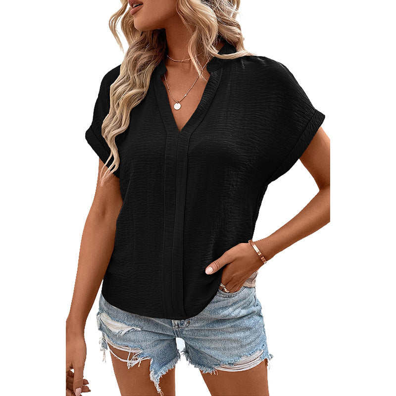 Solid Color V-Neck Pleated Short-Sleeve T-Shirt