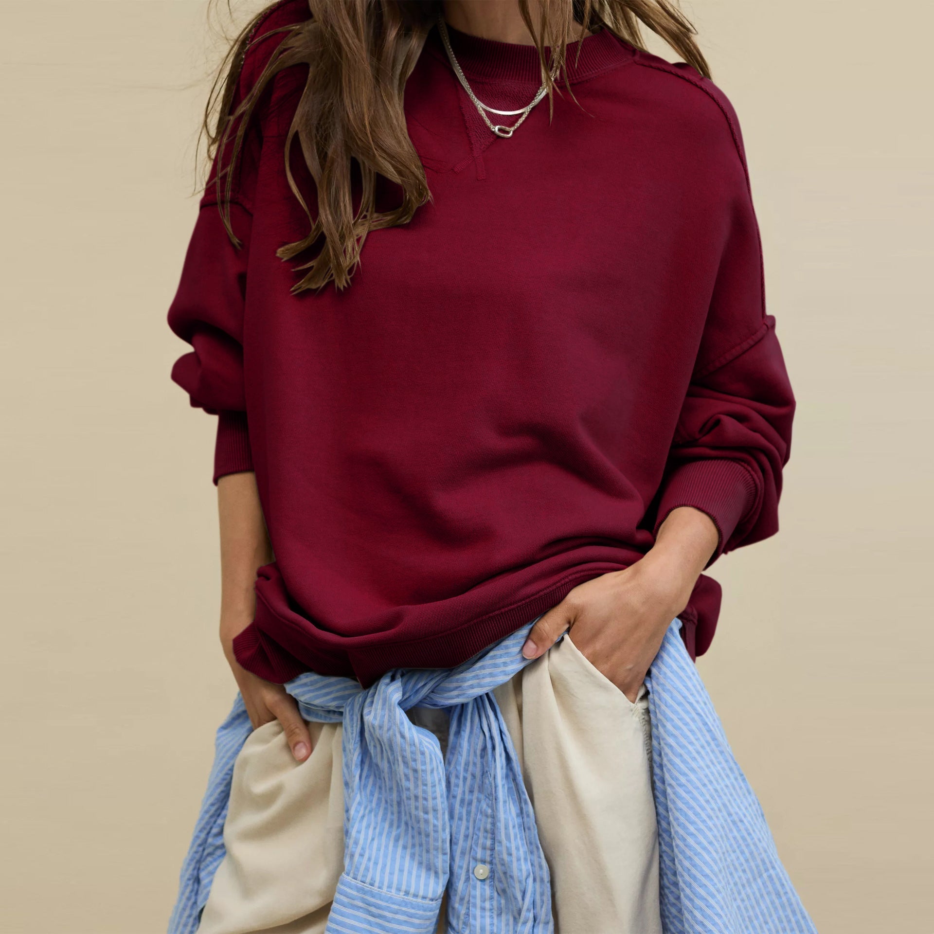 Women’s Oversized Crew Neck Sweatshirt – Exposed Seam Long Sleeve Pullover Tops for Women