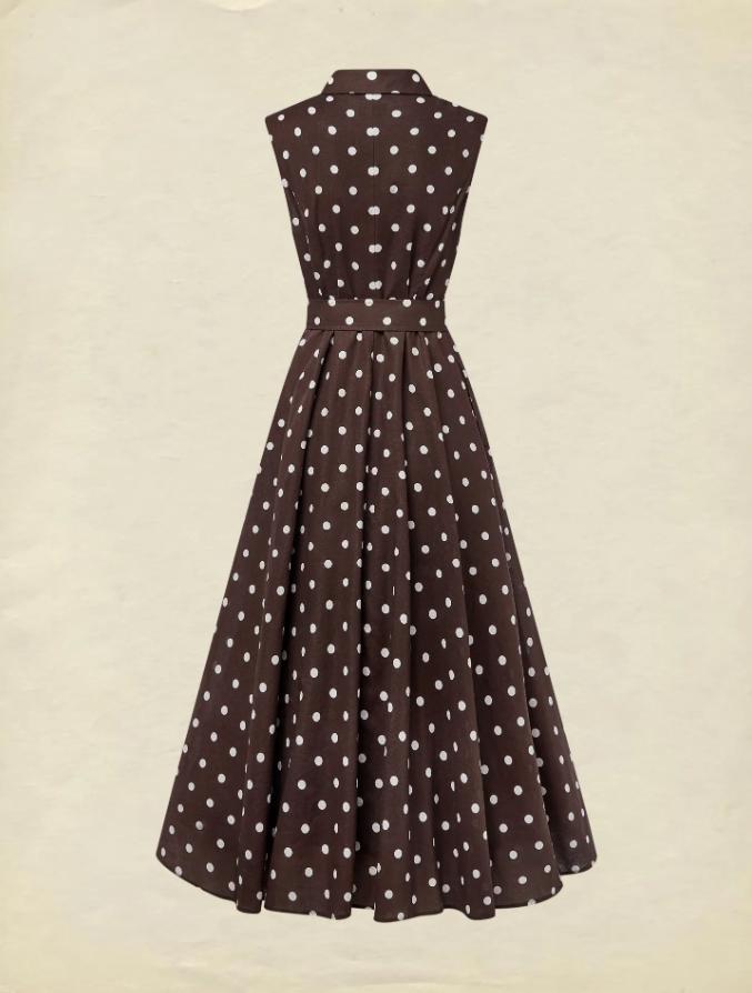 Polka Dot Sleeveless Shirt Dress with Flared Midi Silhouette