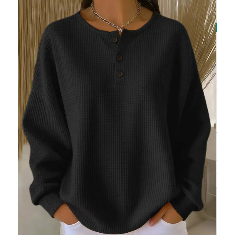 Women’s Waffle Knit Henley Long Sleeve Pullover （S–5XL）