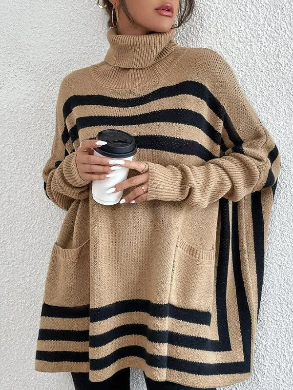 Boutique Striped Turtleneck Pocket Tunic Sweater