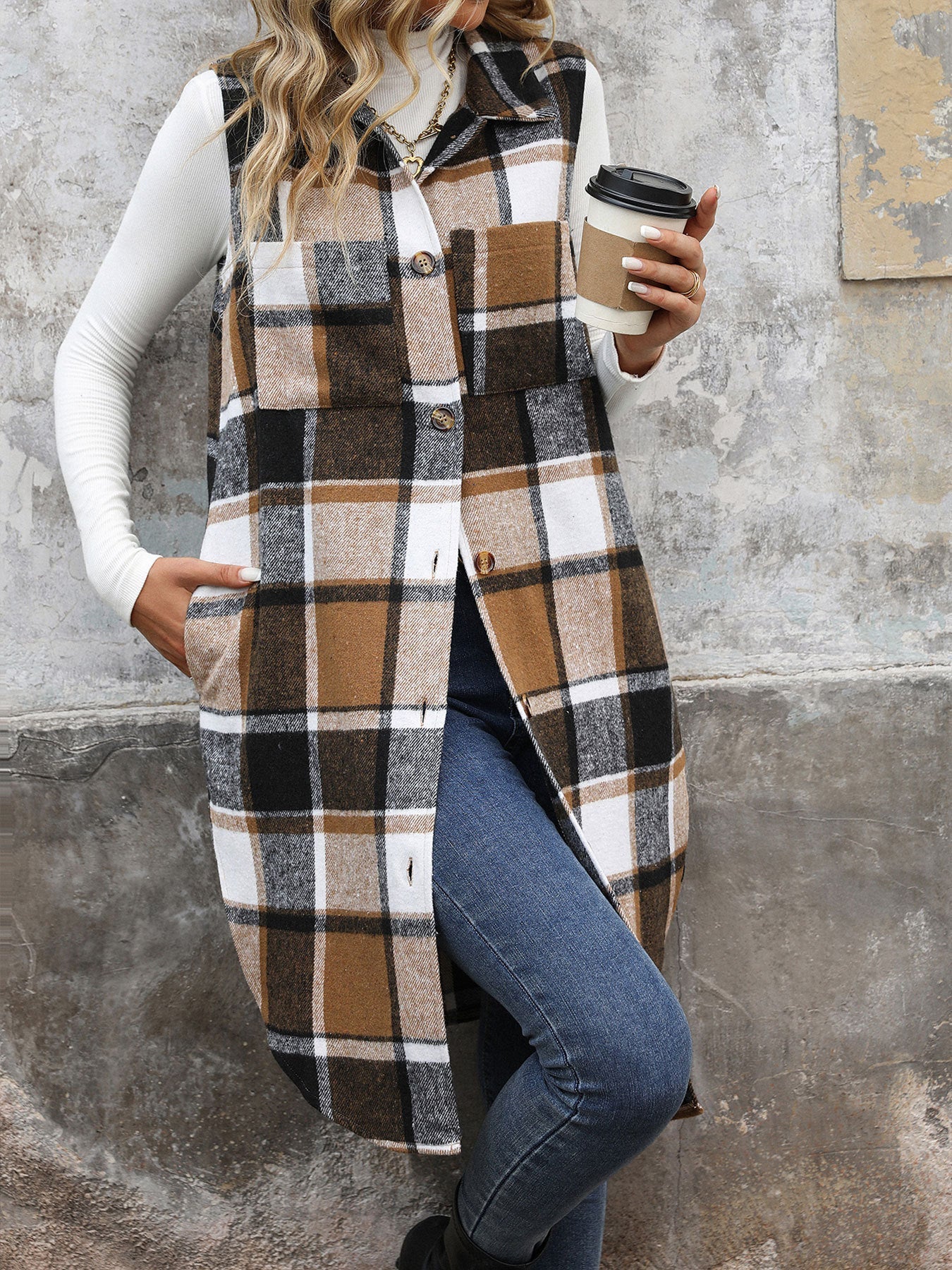 Women’s Vintage Plaid Lapel Long Vest