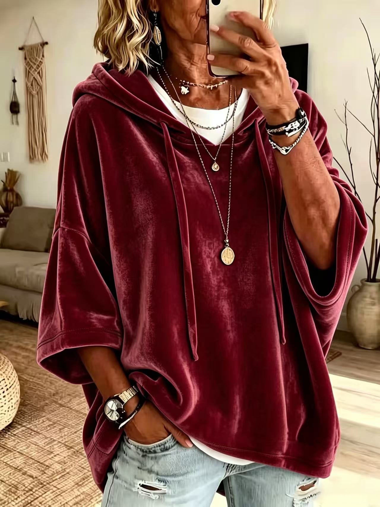 Women’s Velvet Oversized Batwing Sleeve Hoodie