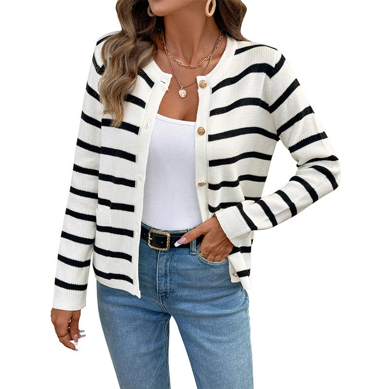 Striped Contrast Color Long Sleeve Knitted Cardigan