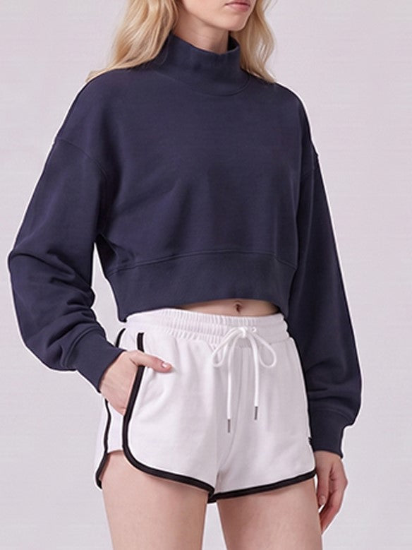 Royal Blue Mock Neck Cropped Sweatshirt, Boxy Long Sleeve Top for Women