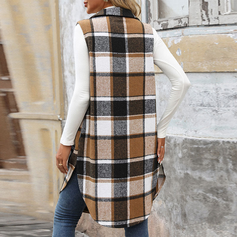 Women’s Vintage Plaid Lapel Long Vest