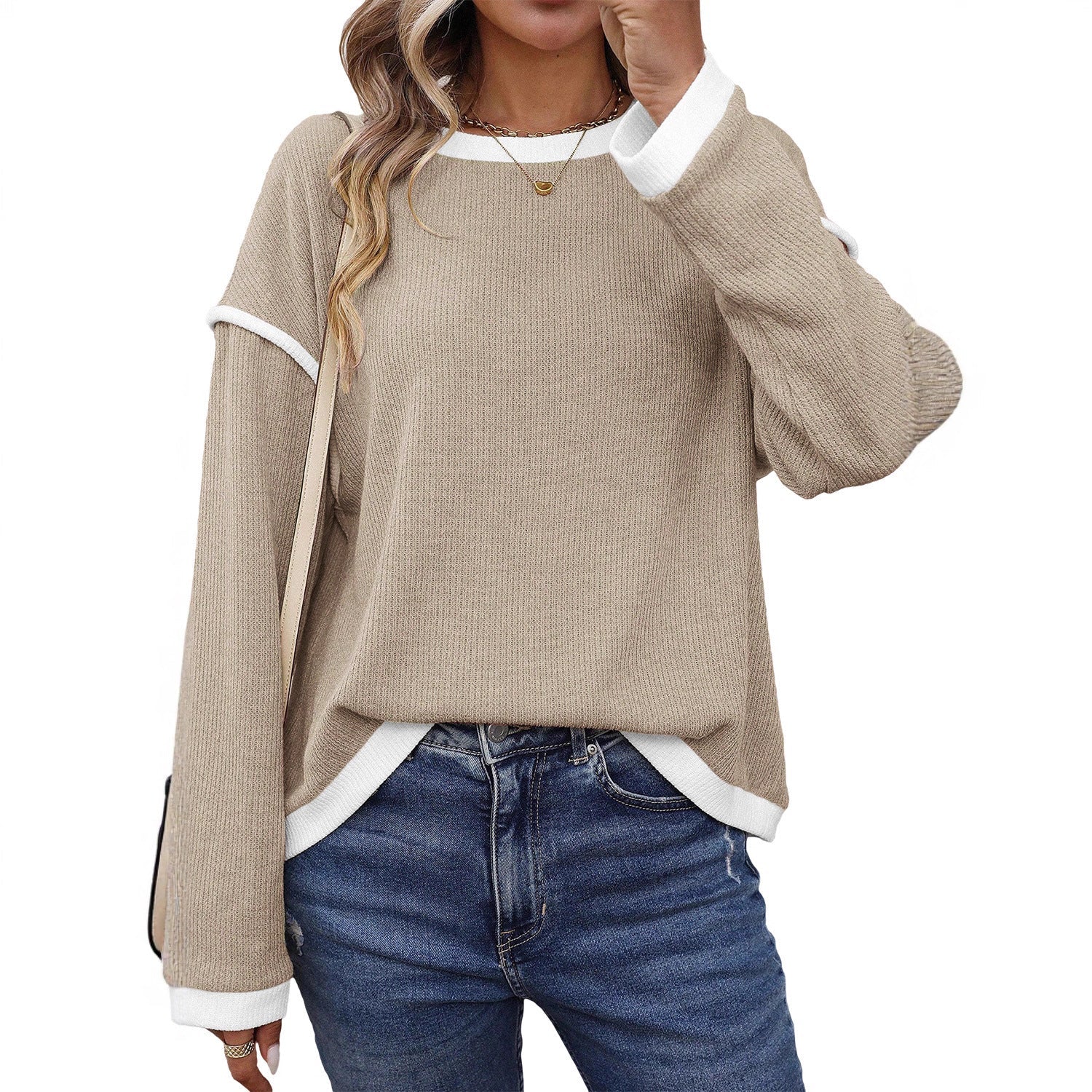 Boutique Contrast Seam Long Sleeve Relaxed Minimalist Top